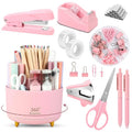 Modern SKYDUE Pink Desk Accessories 10Pcs, Rotating Pen Holder Set