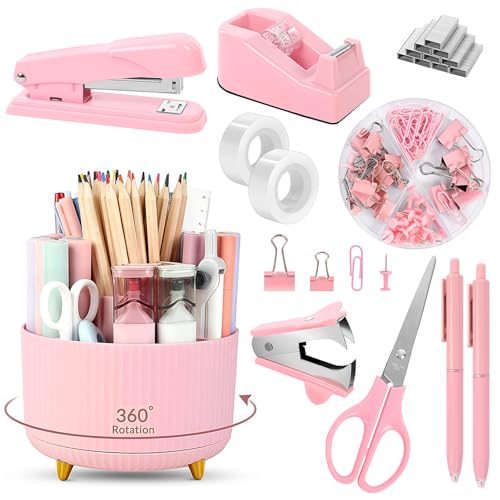 Modern SKYDUE Pink Desk Accessories 10Pcs, Rotating Pen Holder Set