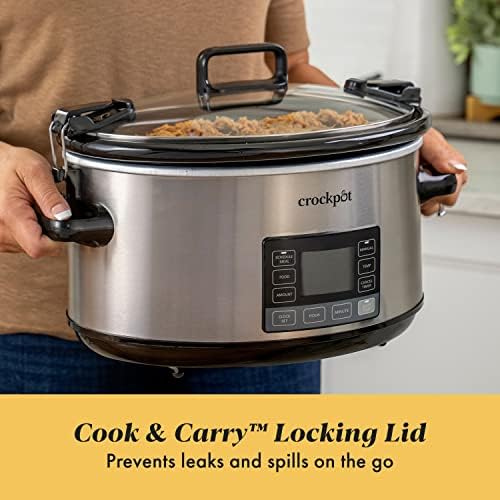 Oval Ceramic Crock-Pot 7 Quart Portable Programmable Slow Cooker with Timer S27U - Stainless Steel Slow Cooker with Locking Lid Detail